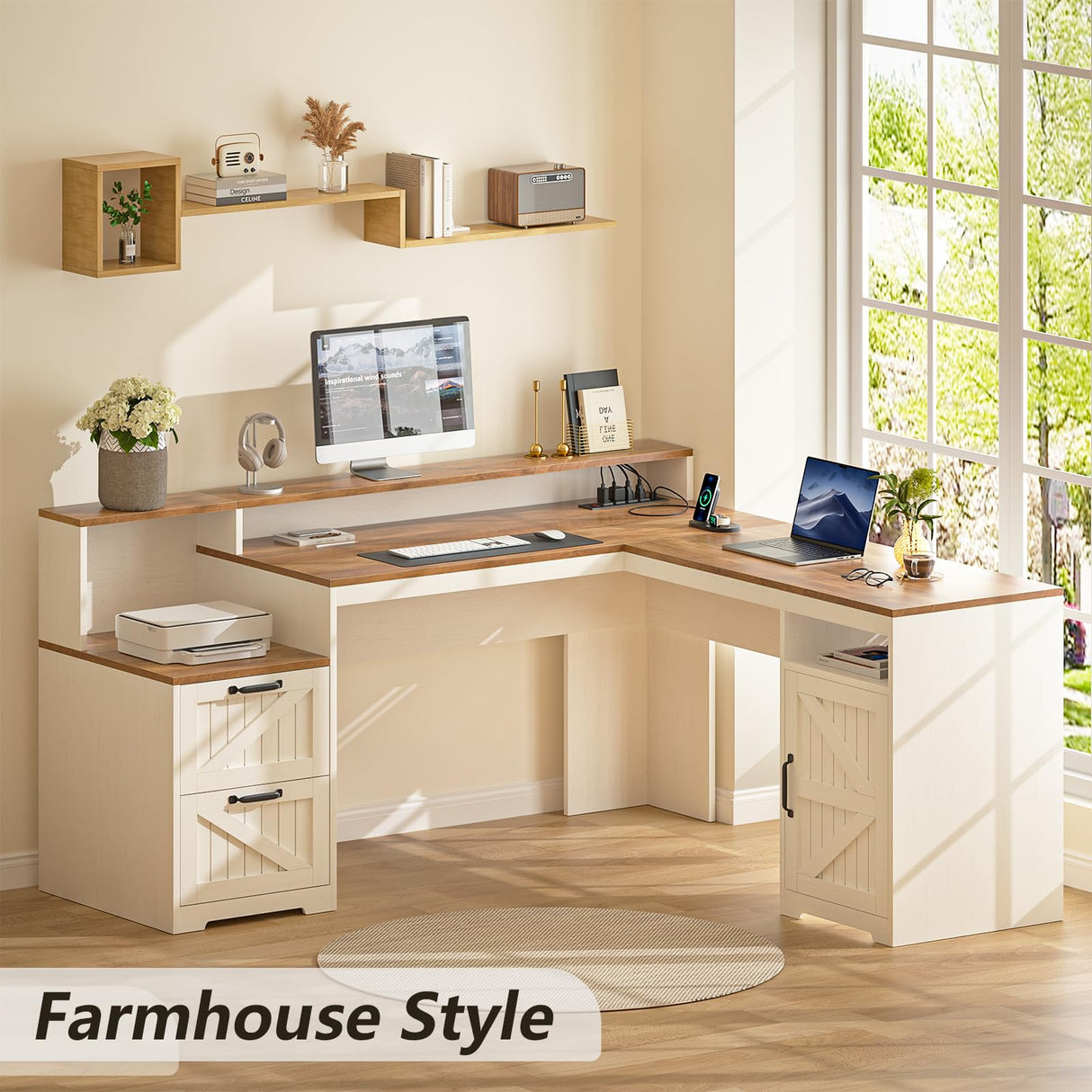 YOMILUVE 63" Farmhouse L Shaped Executive Desk with Drawers & Storage Shelf, Corner Computer Desk with Power Outlets, L Shaped Office Desk with Monitor Stand, Printer Shelf, Antique White YOMILUVE