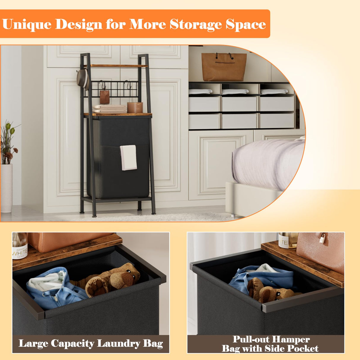 Furnulem 2 Tiers Laundry Hamper with Wooden Shelf and Hooks, Vertical Laundry Basket with Pull-Out and Removable Bag, Clothes Hamper with Divided Bag for Laundry Room, Bathroom, Bedroom, Dorm Furnulem