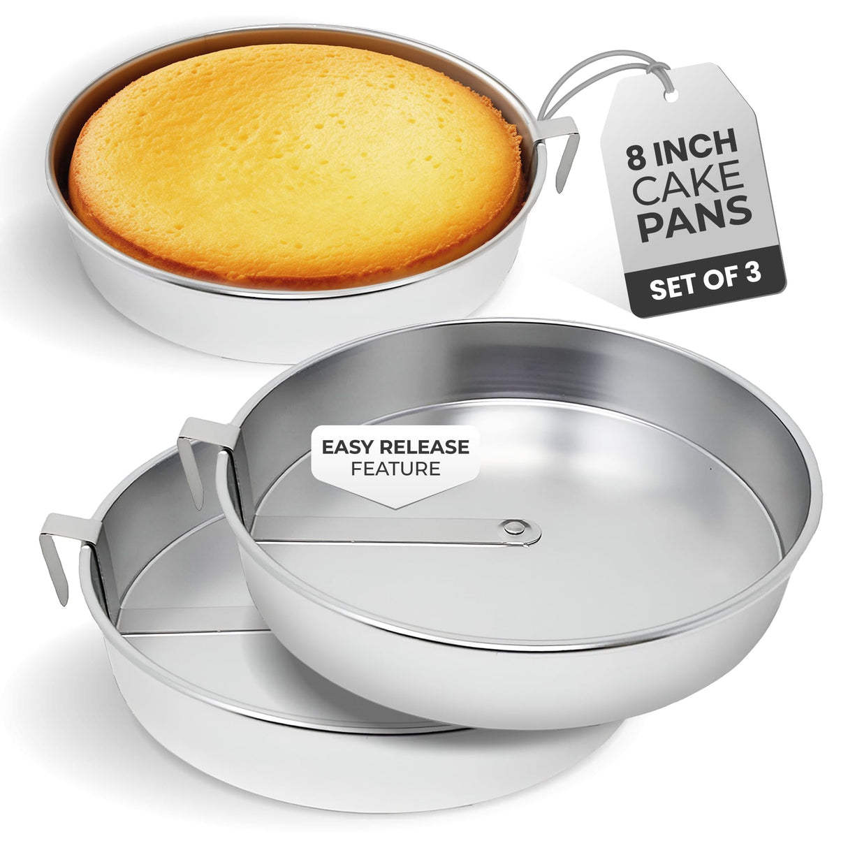 Aunt Shannon's Kitchen 8 Inch Round Cake Pans, 3 Pack, Silver Cake Pan with a Built-in Swivel Blade, Easy Release Cake Pans Set for Baking, Baking Pans Set for 3-Layer Cake, Dishwasher Safe Aunt Shannon's Kitchen