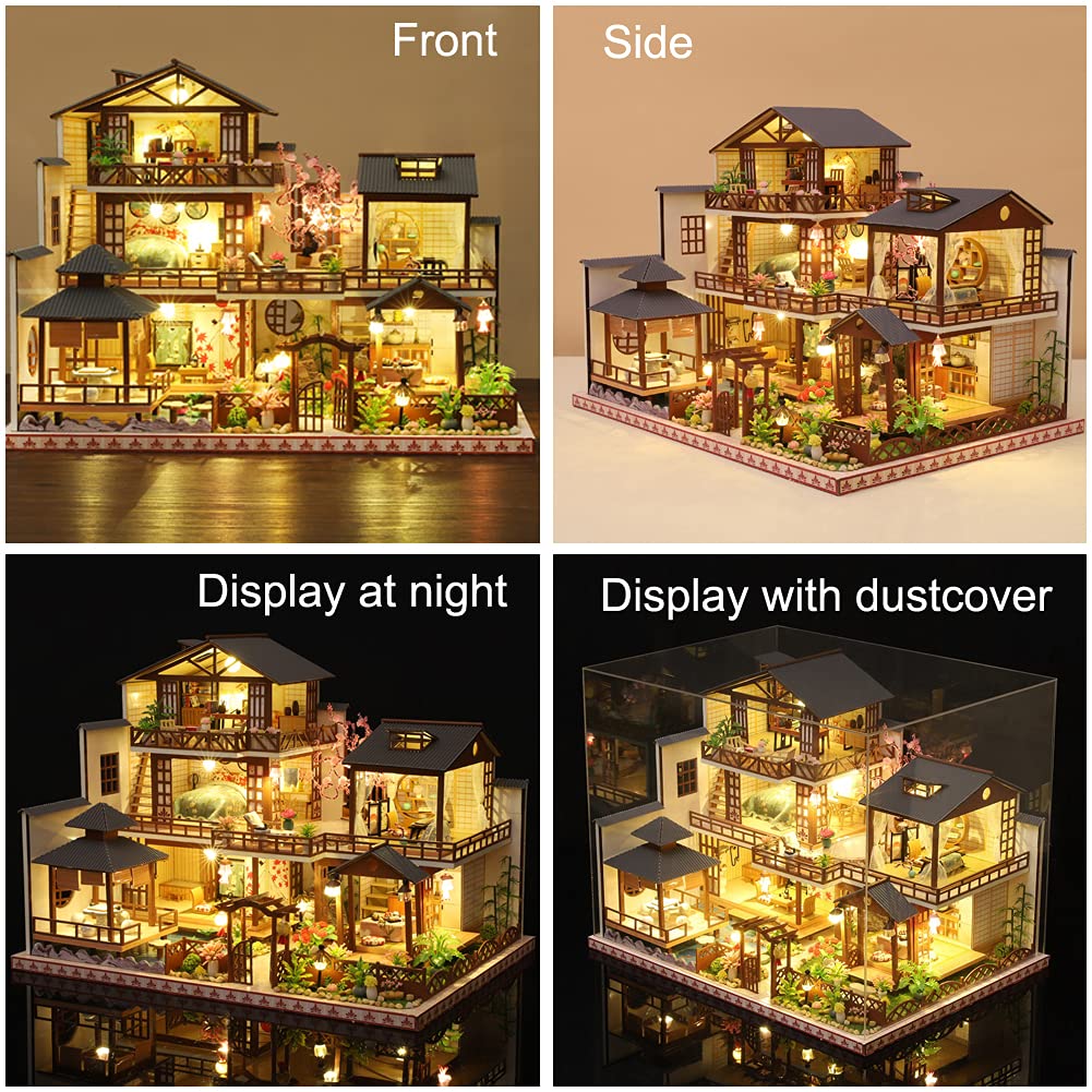 Yuzhen DIY Miniature Dollhouse Kit with Furniture and LED Lights, Japanese Wooden Dollhouse Includes Dustcover and Music Box, Collectibles for Hobbies - WoodArtSupply