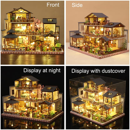 Yuzhen DIY Miniature Dollhouse Kit with Furniture and LED Lights, Japanese Wooden Dollhouse Includes Dustcover and Music Box, Collectibles for Hobbies - WoodArtSupply