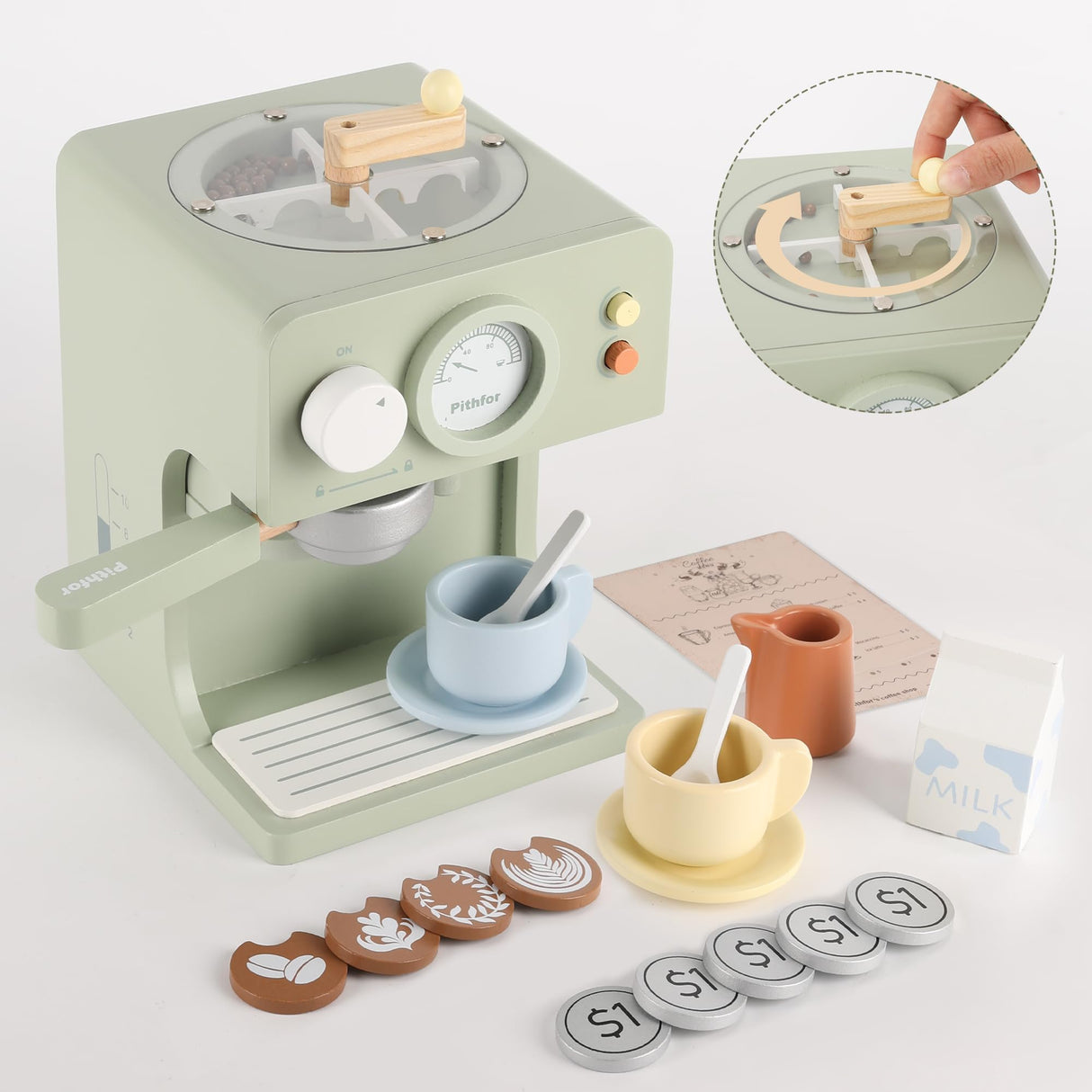 Pithfor Kids Wooden Coffee Maker Toy with Grinder, Pretend Play Kitchen Appliances & Accessories Toy Gift for Kids Toddlers Boys Girls Pithfor