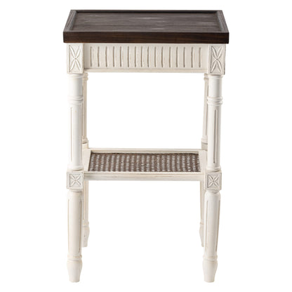 COZAYH Rustic Farmhouse Cottagecore Accent End Table, Distressed Accent Side Table with Espresso Tray Top and Woven Wicker Shelf, Boho, French Country Decor, Square, Weathered Brown & White