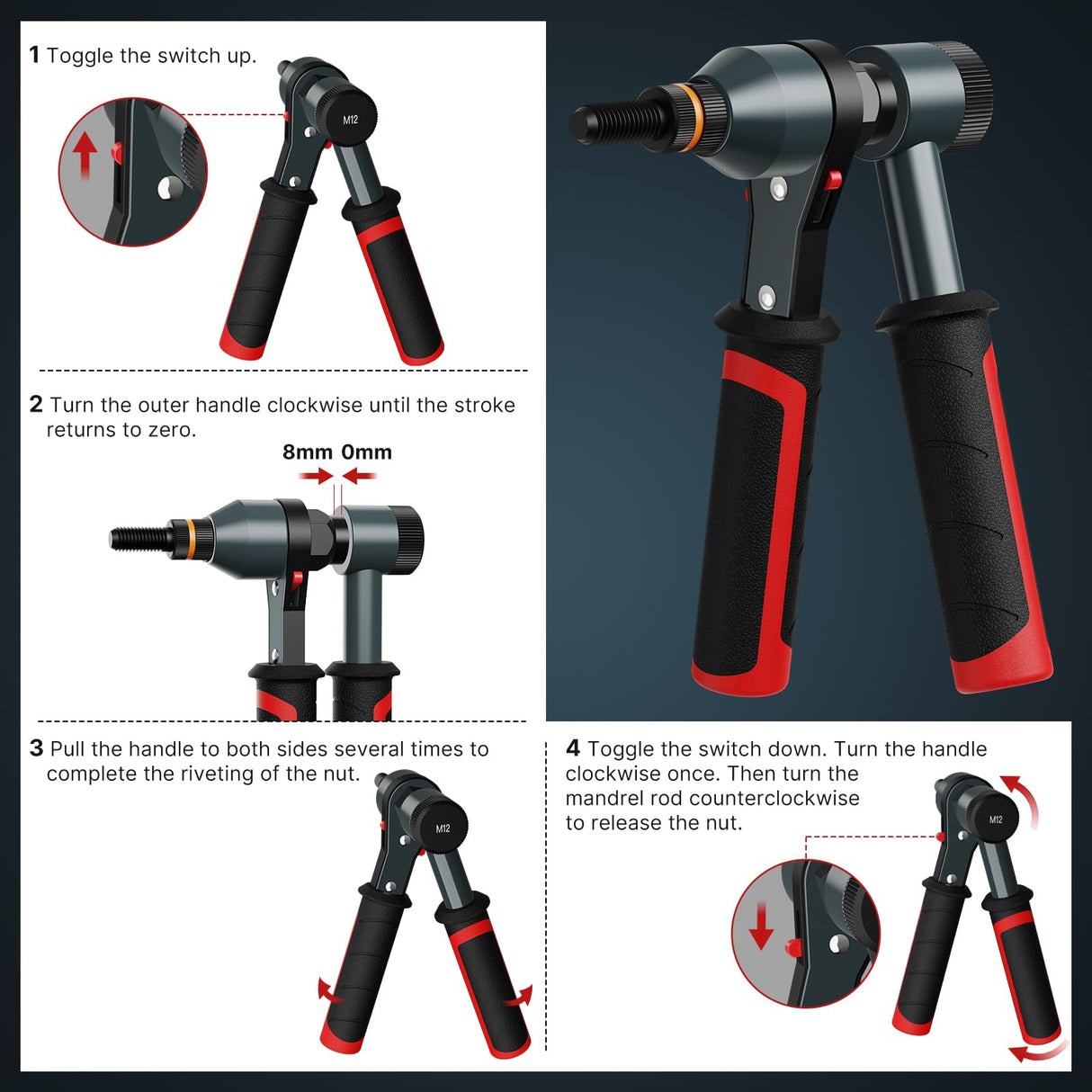 TOLRET Rivet Nut Tool Rivet Nut Kit, Rivnut Tool Kit with 10 Metric and SAE Mandrels, 100 Pcs Rivet Nuts Assortment Kit, Professional Ratchet Nutsert Tool Kit with Rugged Carrying Case, TR21 TOLRET