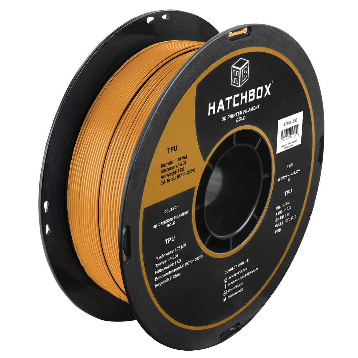 HATCHBOX 1.75mm Gold TPU 3D Printer Filament Shore 95A, 1 KG Spool, Dimensional Accuracy +/- 0.03 mm, 3D Printing Filament HATCHBOX