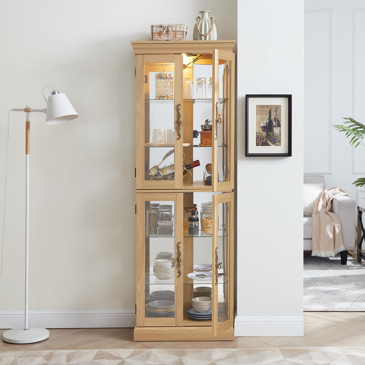 Curio Cabinet Lighted Glass Display Cabinet with Glass Doors and Adjustable Shelves, Freestanding Curio Display Case Tall Liquor Cabinet for Living Room Kitchen Pantry Bar, Bulb Included, Light Oak BAOMKONG