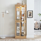 Curio Cabinet Lighted Glass Display Cabinet with Glass Doors and Adjustable Shelves, Freestanding Curio Display Case Tall Liquor Cabinet for Living Room Kitchen Pantry Bar, Bulb Included, Light Oak BAOMKONG