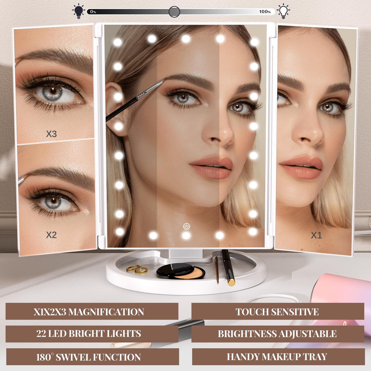 Girapow Vanity Desk with Power Outlets and Lights, 36'' Makeup Vanity with Tri Fold Lighted Mirror, White Vanity Set with Drawers, Vanity Table with Cushion Stool, Small Makeup Table for Bedroom,White Girapow