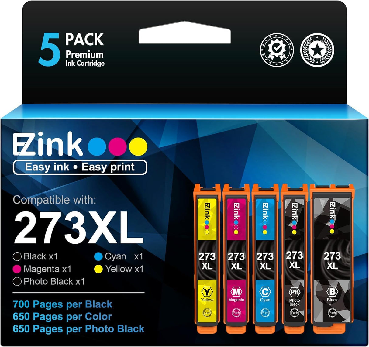E-Z Ink (Remanufactured 273 Ink Cartridge Replacement for Epson 273xl T273XL to use with XP-520 XP-600 XP-610 XP-620 XP-800 XP-810 XP-820 (5 Pack-Black, Cyan, Magenta, Yellow, Photo Black) E-Z Ink