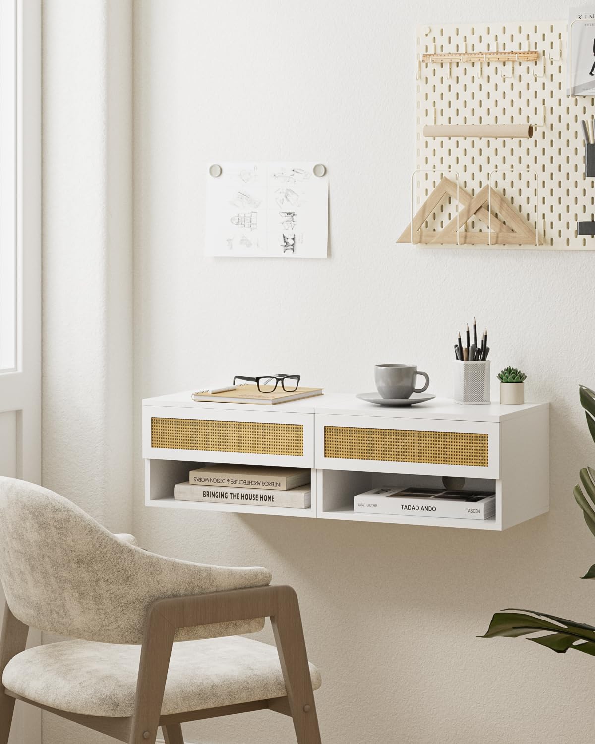 Aienvey Floating Nightstand, Small Modern Floating Nightstand with Drawer, Floating Shelves for Bedroom, Bathroom, White Rattan Aienvey