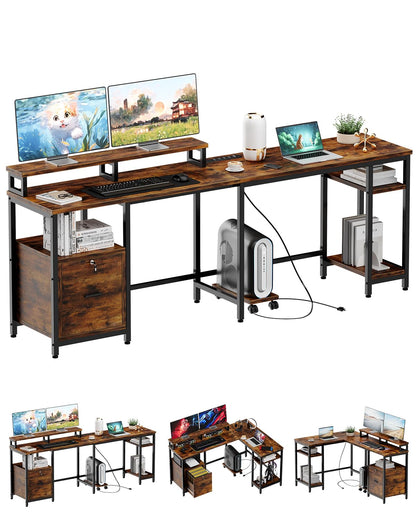 L Shaped Office Desk, 67" Home Office Desk with File Drawer & Power Outlet, Gaming Desk with Mobile CPU Stand, Corner Computer Desk with Monitor Shelf, Printer Storage Shelves, Two Person Desk, Brown