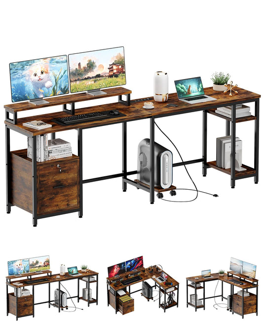 L Shaped Office Desk, 67" Home Office Desk with File Drawer & Power Outlet, Gaming Desk with Mobile CPU Stand, Corner Computer Desk with Monitor Shelf, Printer Storage Shelves, Two Person Des - WoodArtSupply