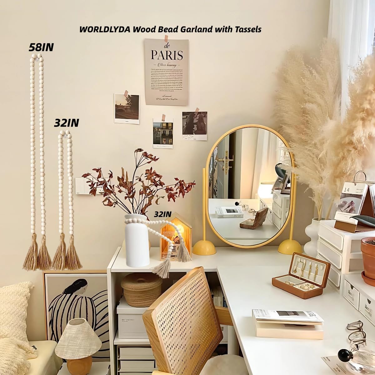 WORLDLYDA Wood Bead Garland with Tassels 58in/32in Farmhouse Wood Beads Rustic Country Decor Prayer Boho Beads Versatile Wall Hanging Home Deco (Natural 58in) Fashion Modern WORLDLYDA