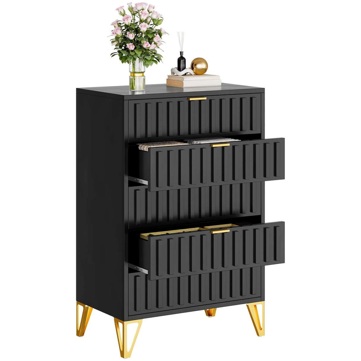 YITAHOME Fluted Dressers, 5 Drawer Dressers & Chests of Drawers, Metal Modern Dresser for Room, Entryway, Hallway, Black YITAHOME