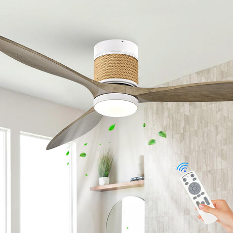 60in Boho White Ceiling Mount Fan Light Dimmable with Remote Control 3 Blade Hemp Rope Ceiling Fan with Light Coastal Weathered Wood Ceiling Fan Outdoor for Balcony Kitchen Bedroom, F22 FookChak