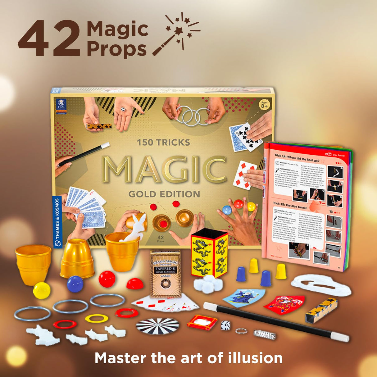 Thames & Kosmos Magic: Gold Edition | Playset with 150 Tricks | 96 Page Full Color Instruction Manual | 42 Props | Video Tutorials | Fun for Kids 8+ Thames & Kosmos