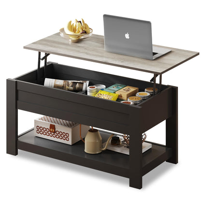 WLIVE Modern Rustic Coffee Table with Storage Shelf and Hidden Compartment,Wood Lift Tabletop for Home Living Room,Black,Greige. - WoodArtSupply