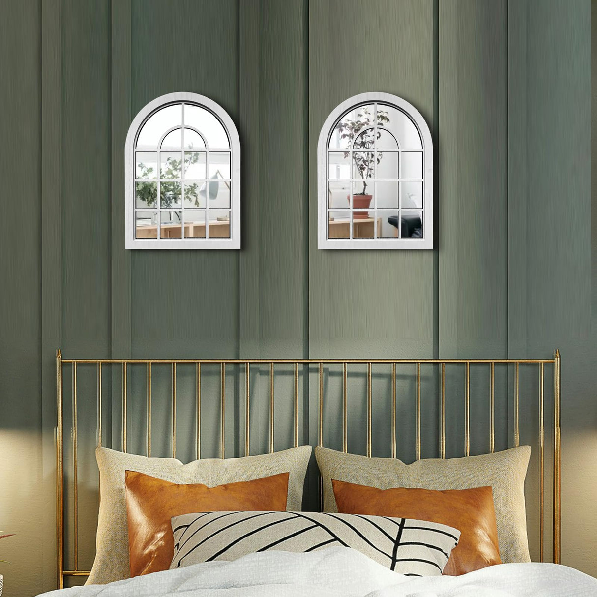 ZEXUIRU 2PCS Arched Window Wall Mirror,Rustic Farmhouse Accent Mirror, Wood Framed Entry Mirror for Living Room,Bathroom,Bedroom,Kitchen,15.7x11.8 Inches ZEXUIRU