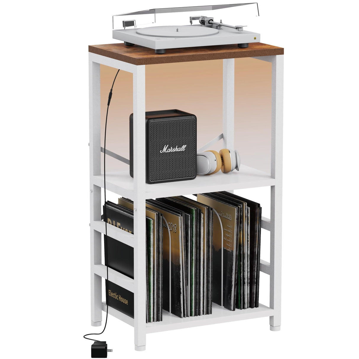 YAKANJ End Table with LED Light,Record Player Stand with Albums Storage,Vinyl Records Storage,Turntable Stand Side Table for Music Room Studio Living Room Bedroom-White YAKANJ