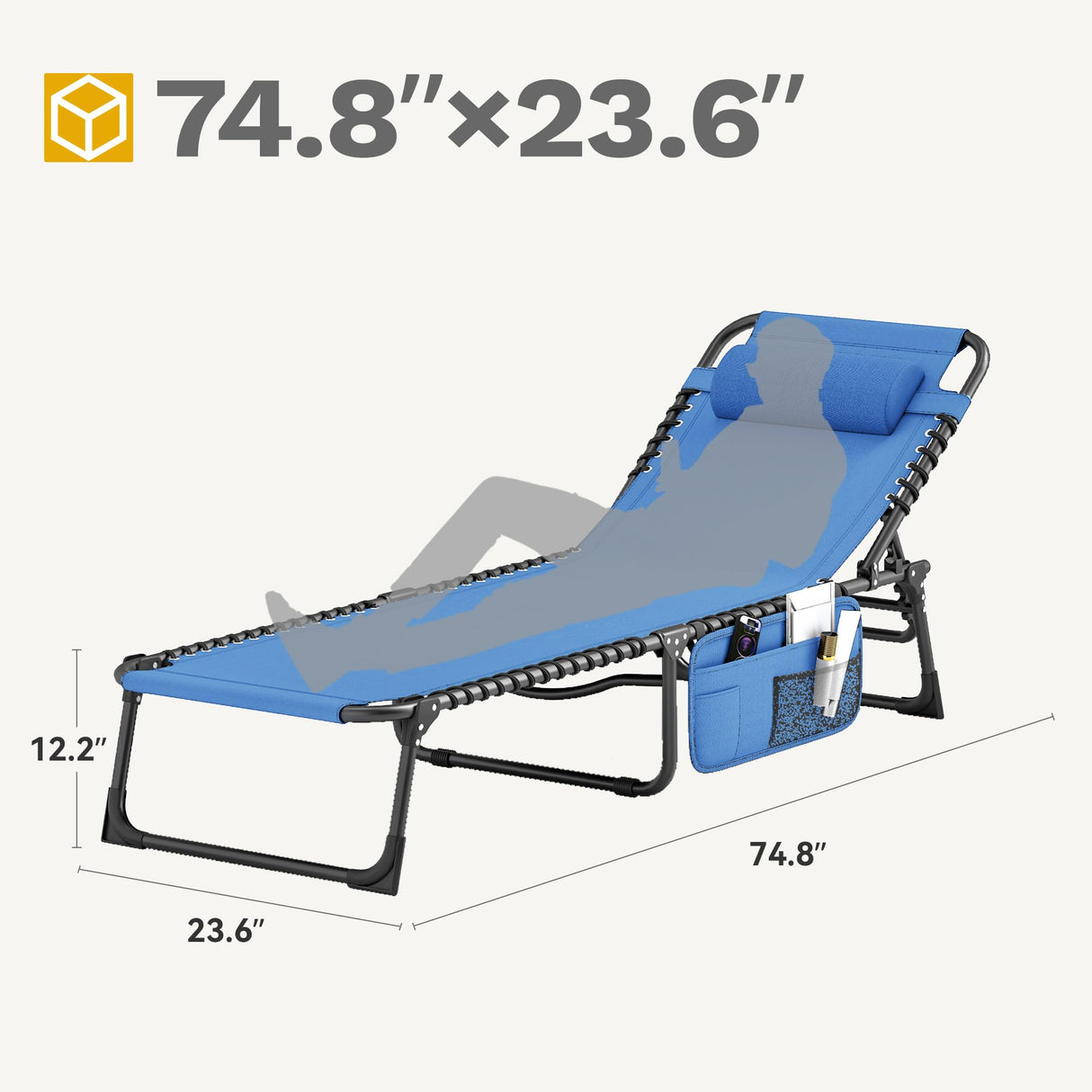 DWVO Patio Lounge Chair, Portable Recliner Lounge Chair Folding Camping Cot, Reclining Chairse Lounge 5 Posistion Adjustable w/Head Pillow & Portable Handbag for Camping, Pool, Beach and Patio, Blue DWVO