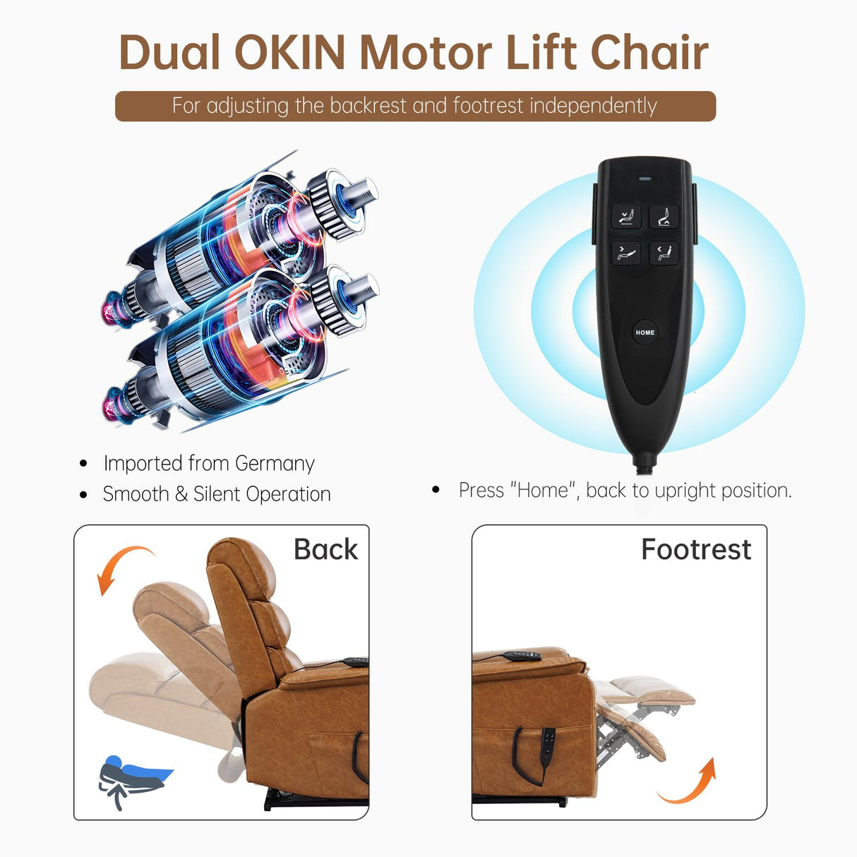 EZZUP Lay Flat Lift Chair with Heat and Massage, Dual Motor Recliner with Infinite Position, Up to 350 LBS Electric Power Lift, Yellow Brown Leather Recliner EZZUP