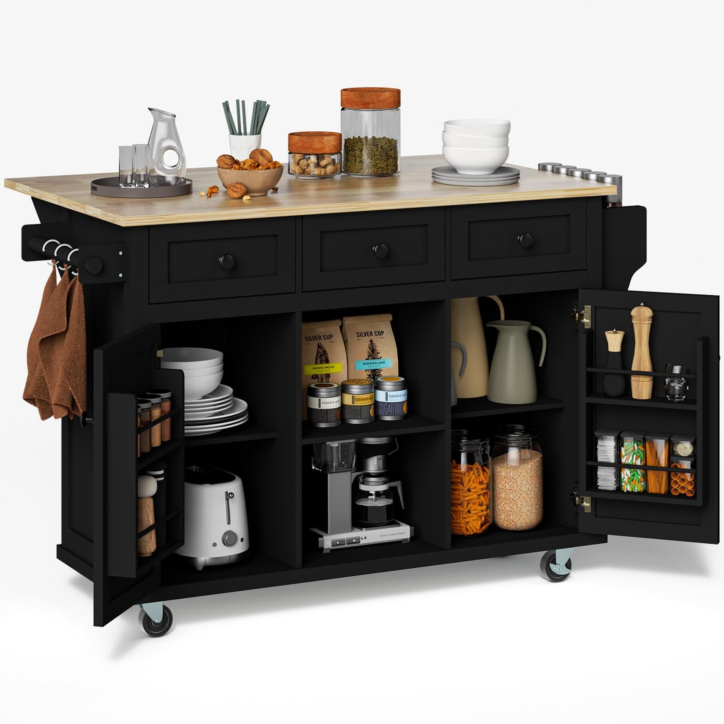 Rovibek Kitchen Island with Drop Leaf and Storage 53in Rolling Kitchen Island On Wheels Black Large Mobile Kitchen Island Cart with Drawers Cabinet Spice Rack Towel Rack Storage for Kitchen