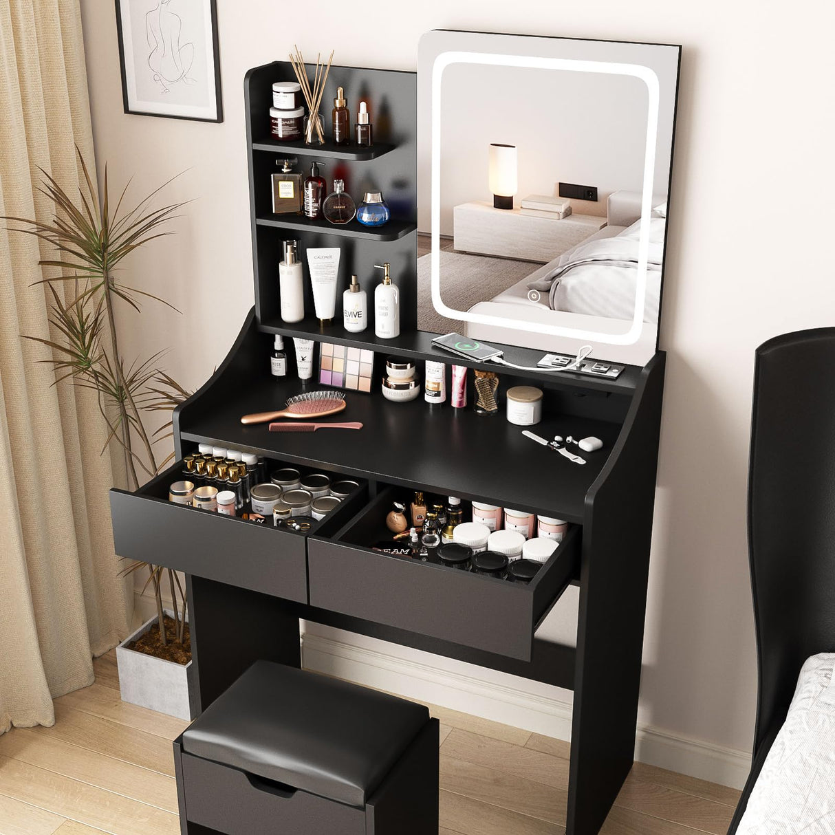 Vabches Vanity Desk with LED Light Mirror and Charging Station, Small Cute Vanity Set with 4 Storage Shelves 2 Drawers, Vanity for Girls Women with Storage Stool, Vanity Table for Bedroom (Black) Vabches