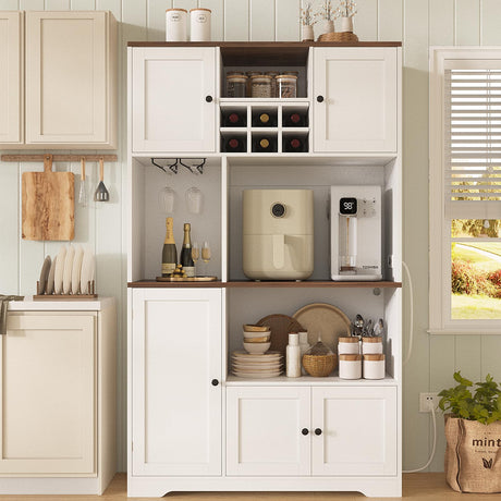 Hasuit 71.3" Pantry Cabinet with Charging Station, Tall Farmhouse Kitchen Hutch with Microwave Stand, Coffee Bar Hutch with Removable Wine Rack for Living Room, Dining Room, White Hasuit
