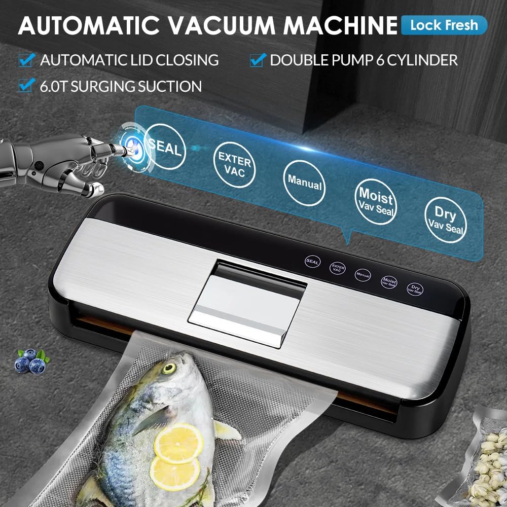 Powerful Vacuum Sealer Machine, One-Touch Automatic Food Sealer with 15 Bags, Dry/Moist/Seal/Manual/External Vac, 7MM Heating wire, Compact Easy-Clean for Food Storage and Sous Vide TEZILON