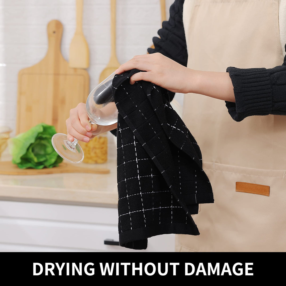 Homaxy 100% Cotton Terry Kitchen Towels(Black, 13 x 28 inches), Checkered Designed, Soft and Super Absorbent Dish Towels, 4 Pack Homaxy