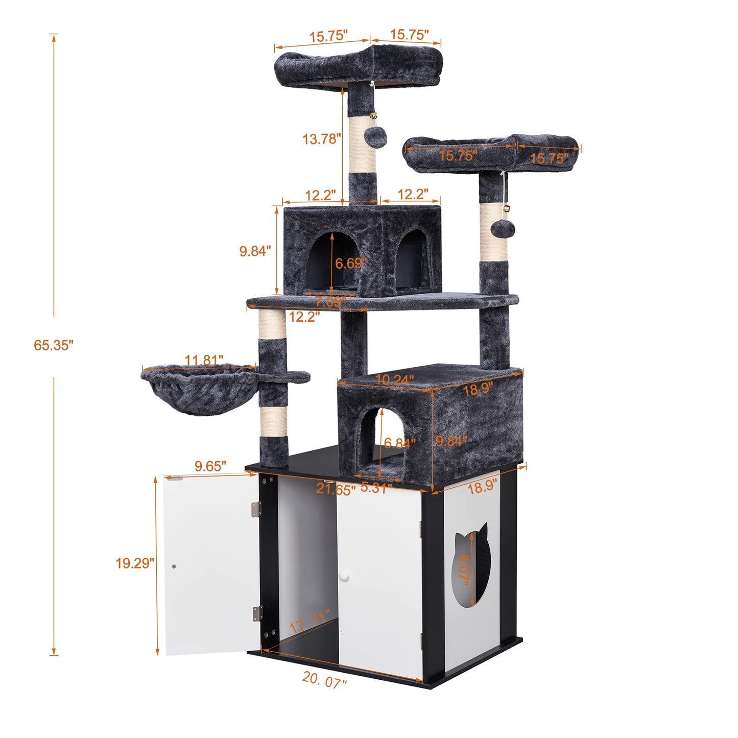 BEWISHOME Cat Tree with Litter Box Enclosure All-in-one Indoor Cat Hidden Litter Box Furniture Cat Tower with Large Cat Condo Modern Cat House with Scratching Posts MMJ81D