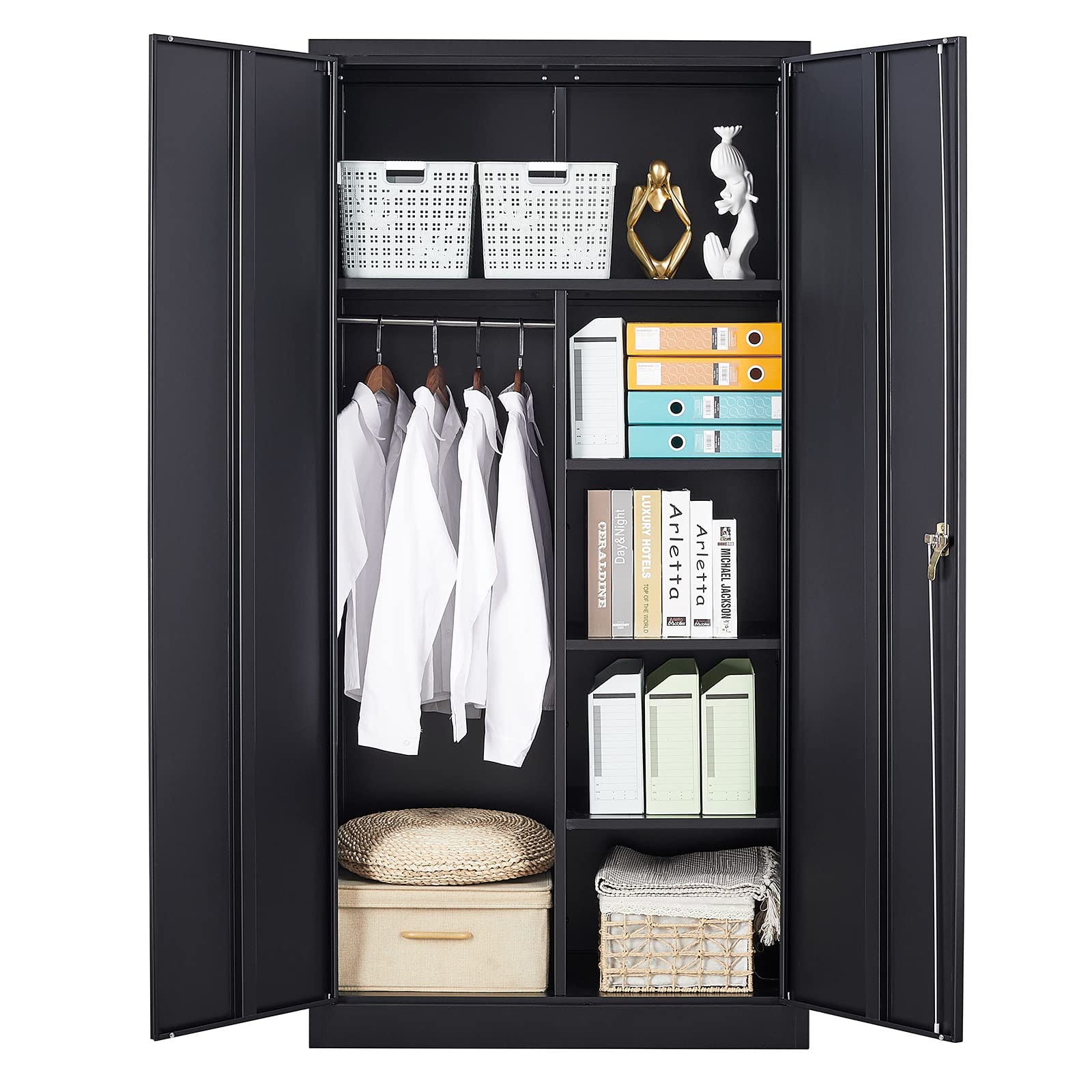 STANI Metal Storage Cabinet, 72" Locking Metal Storage Cabinet with Shelves and Hanging Rod, Metal Cabinet with 2 Doors and Lock for Home, Garage, Office (Black) - WoodArtSupply