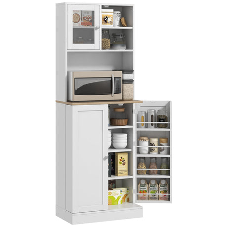 HOMCOM 66.5" Pantry Cabinet with Microwave Stand, Freestanding Kitchen Storage Cabinet with Hutch, 8 Door Shelves, Adjustable Shelves, Food Pantry Cabinet for Dining Room, White HOMCOM