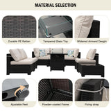 Ophelian 8-Piece Patio Furniture Rattan Wicker Outdoor Set Sectional Sofa with 28" Gas Fire Pit Table and Cushions, Conversation Set for Backyard, Patio, Garden, Brown/Beige Ophelian