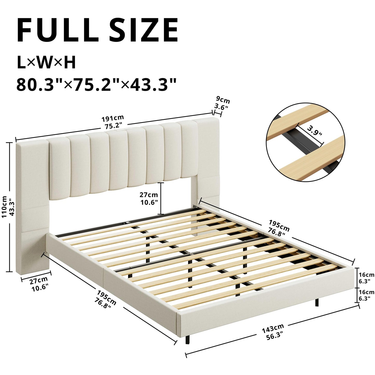 LIKIMIO Modern Floating Full Bed Frame with Padded Headboard, LED Lights & Charging Station in Beige - WoodArtSupply