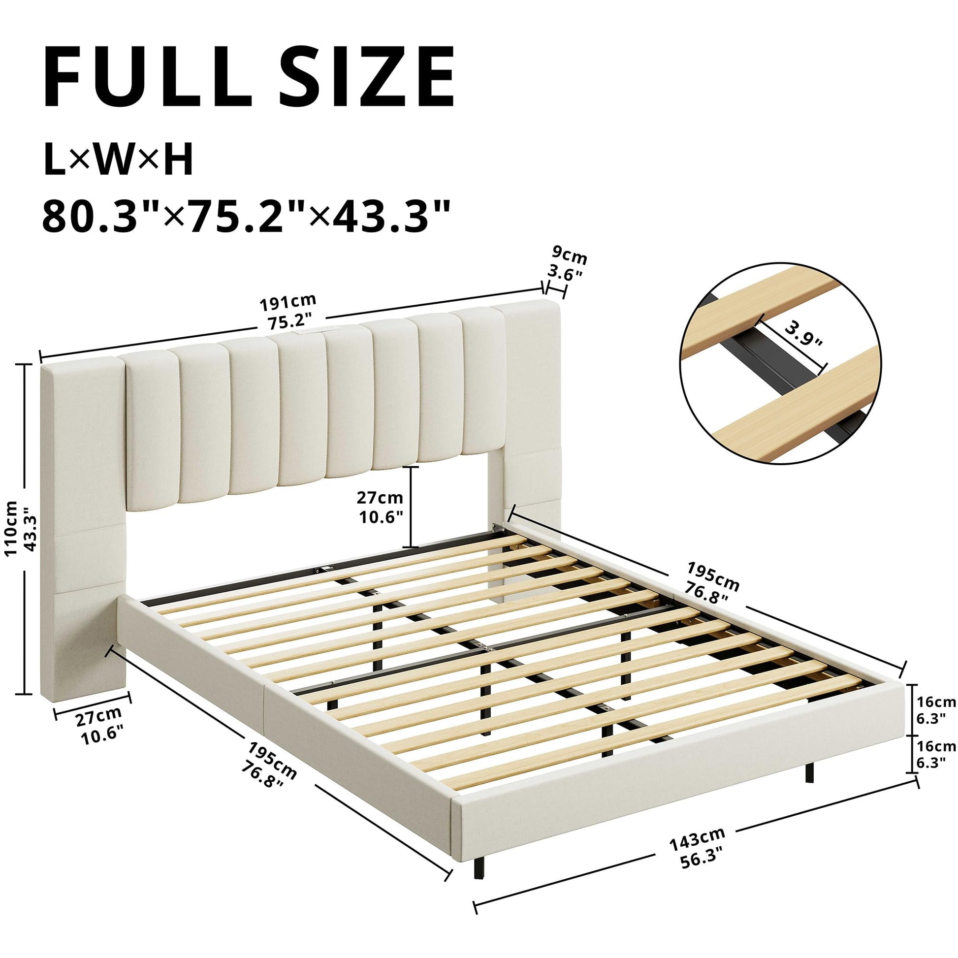 LIKIMIO Modern Floating Full Bed Frame with Padded Headboard, LED Lights & Charging Station in Beige - WoodArtSupply