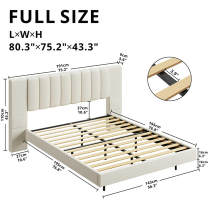 LIKIMIO Modern Floating Full Bed Frame with Padded Headboard, LED Lights & Charging Station in Beige - WoodArtSupply