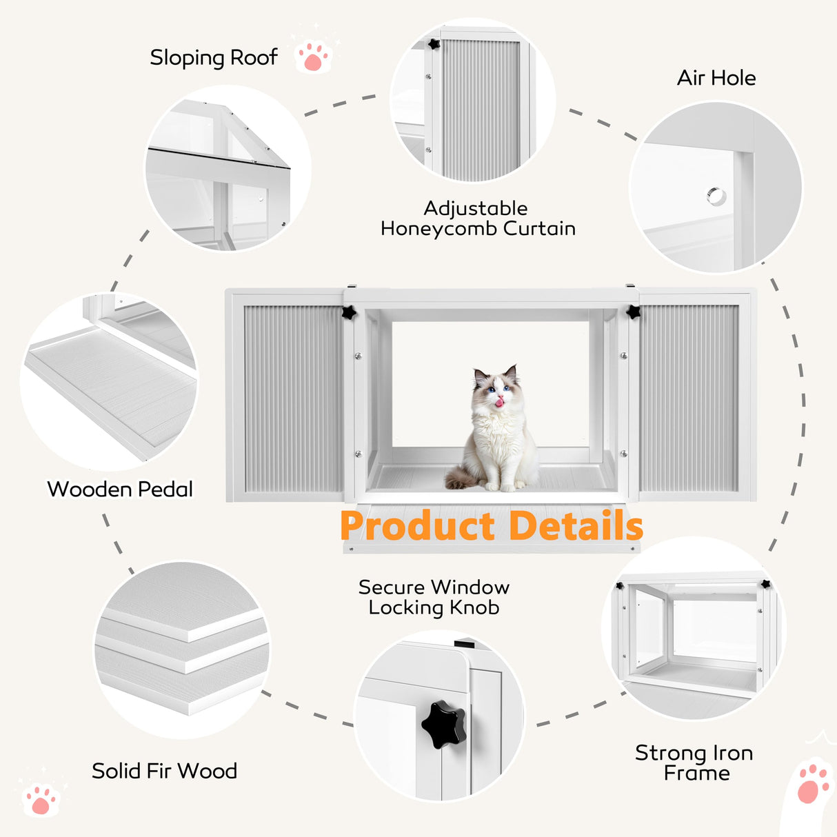 Yardenaler Cat Window Box, Adjustable Window Cat Perch Catio, Wooden Window Catio for Indoor Cats, Fits Vertical Window Frames 26" to 42" Wide, Sunbathing, Napping, Overlooking, White Yardenaler