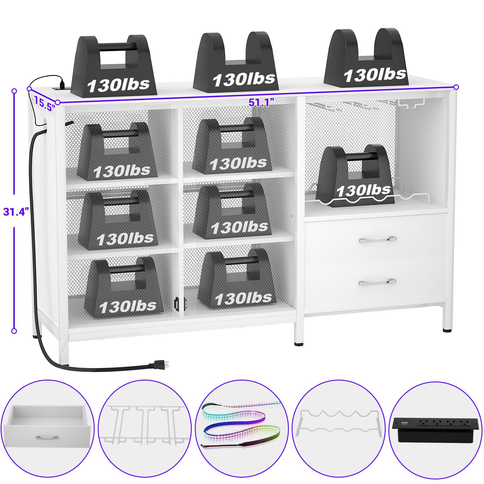 Cyclysio Multifunctional Wine Bar Cabinet with Charging Station, LED Lights and Ample Storage in White - WoodArtSupply