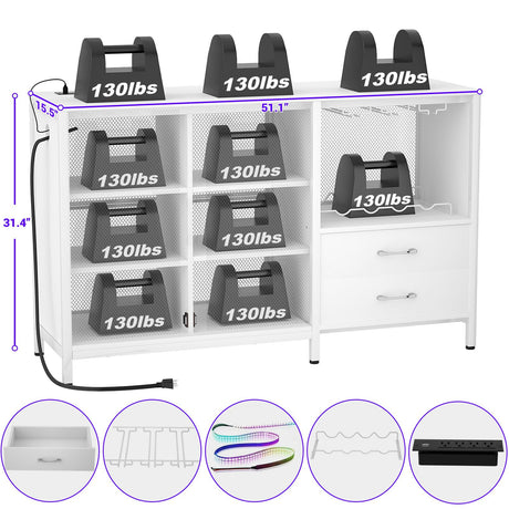 Cyclysio Multifunctional Wine Bar Cabinet with Charging Station, LED Lights and Ample Storage in White Cyclysio