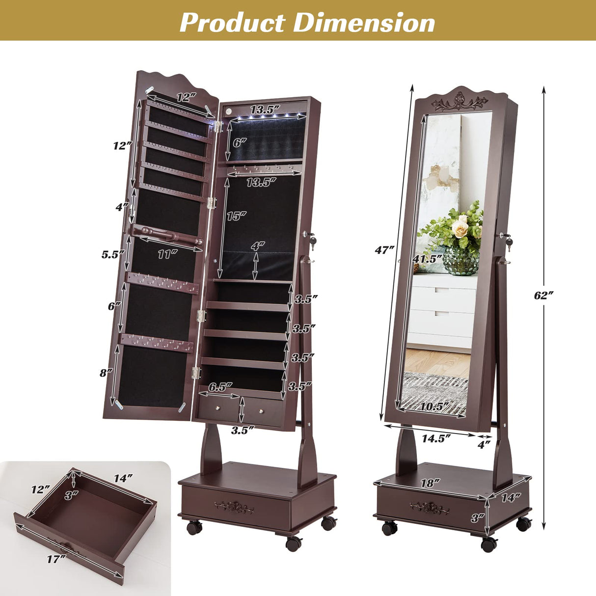 CHARMAID Rolling Jewelry Armoire with Full Length Mirror, Lockable Stand up Jewelry Cabinet with Lights and Wheels, Standing Jewelry Organizer with Drawers, Mirror with Jewelry Storage (Espresso) CHARMAID