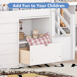 Twin Low Loft Bed for Kids, Twin Size Solid Frame with Drawer and Stairs, Modern Space-Saving Bed, Loft Bed with Storage, Strong Wood Slats Support, Under-Bed Playroom, No Box Spring Needed (White) Lyngins