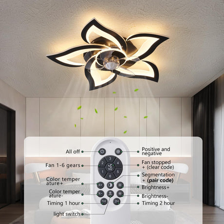 Dalouguan Ceiling Fan with Lights Remote Control, 24" Black, 6 Speeds 3 Light Color Low Profile Flush Mount Ceiling Fan for Kitchen Bedroom Dalouguan