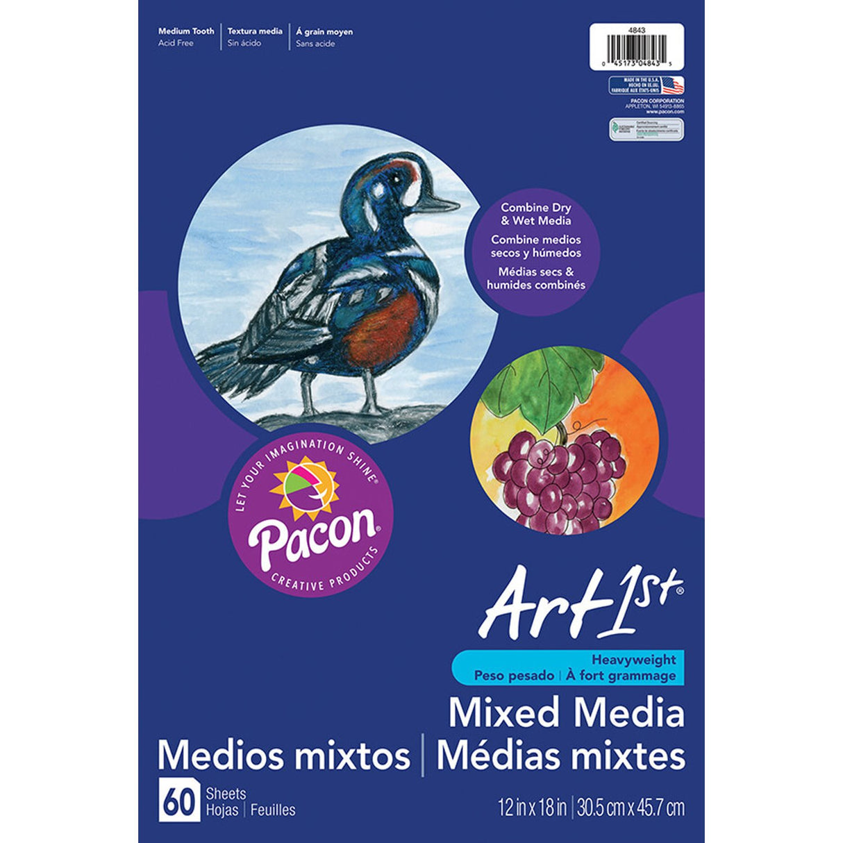Pacon PAC4843 Art1st Mixed Media Art Paper, 12" x 18", White, 60 Sheets Pacon