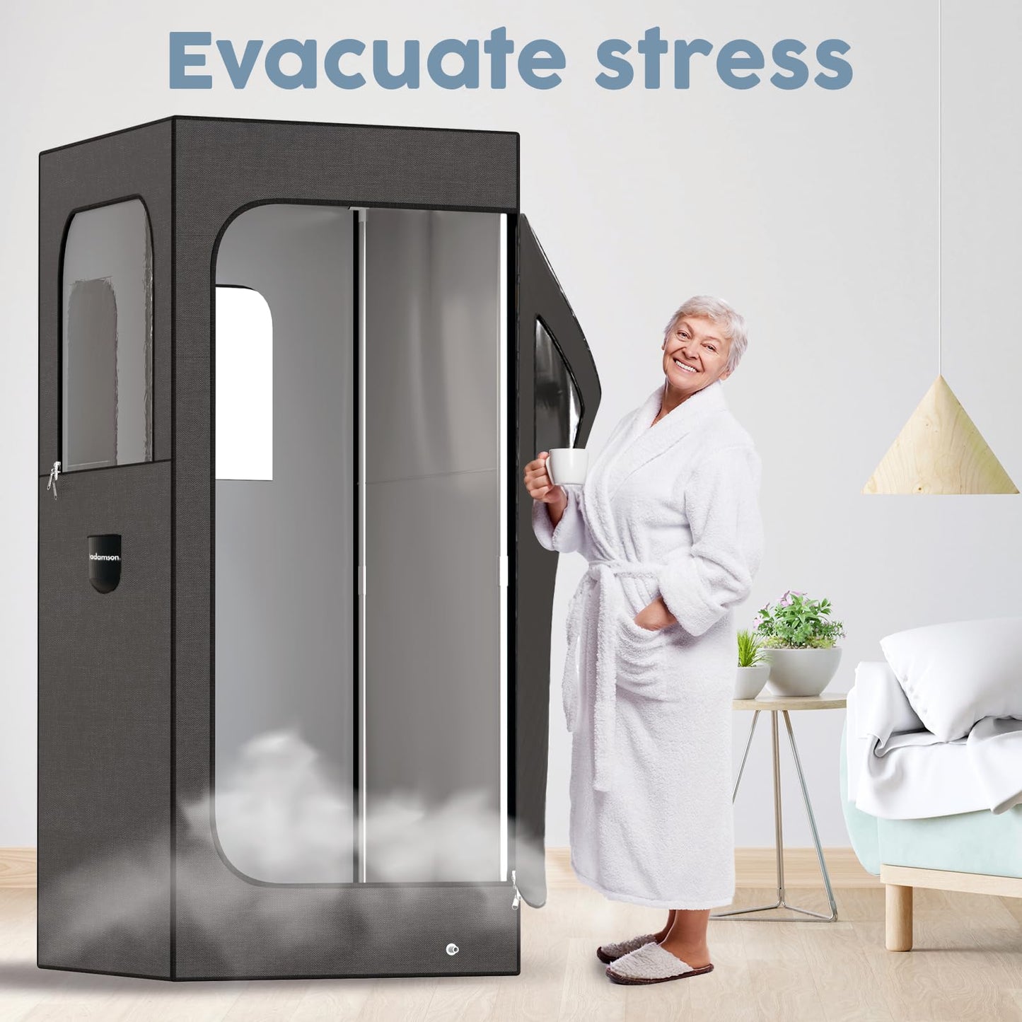 Adamson Full Size Portable Steam Sauna - Indoor Sauna Tent for Home Spa Relaxation + Boost Health and Recovery + 2.6L 1000W Steamer + Chair + Remote + Foot Massager - New - Nylon Black