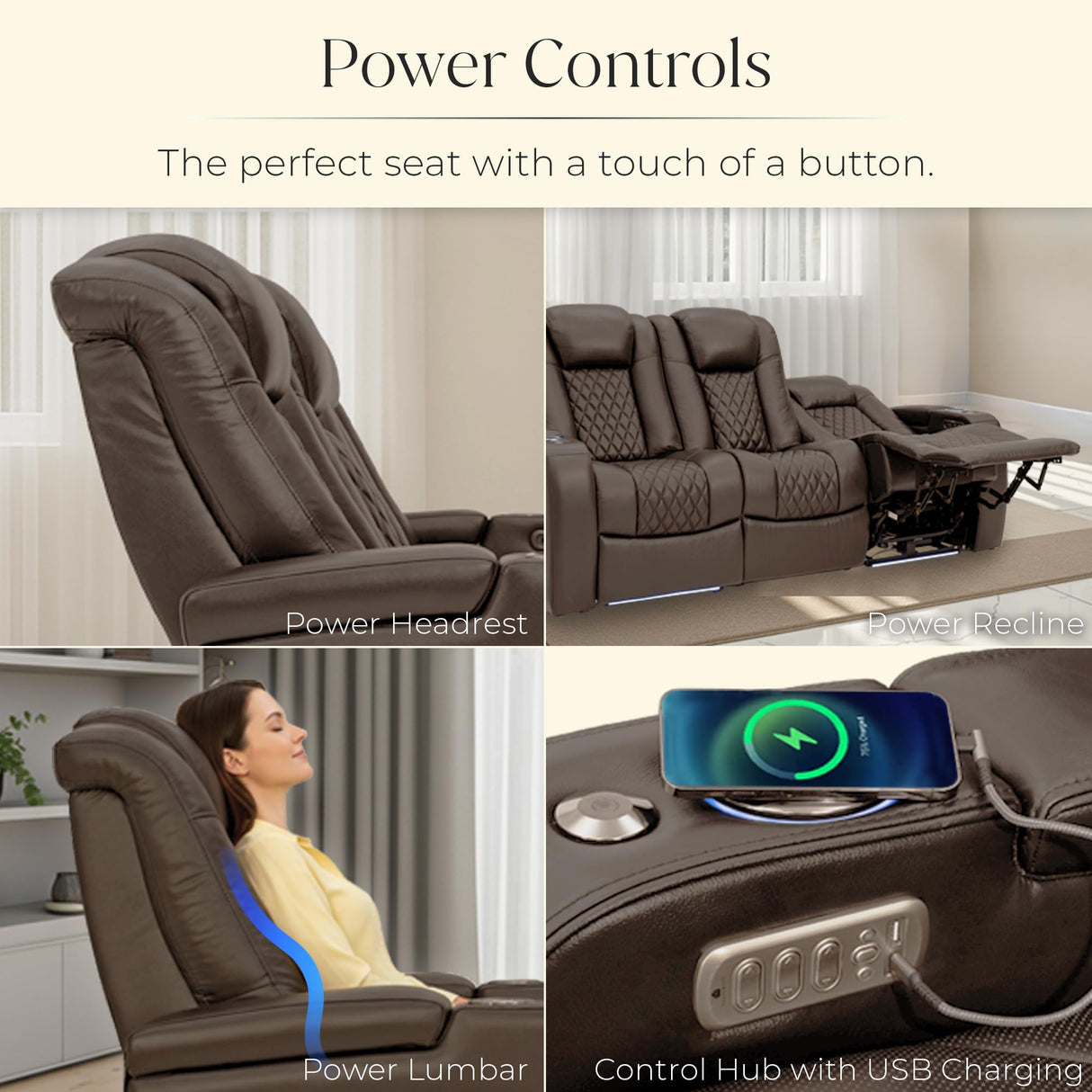 Seatcraft Anthem LT Zero-Gravity HeatZero Italian Leather Sofa w/Fold-Down Table Home Theater Seating, Heat & Massage, Power Headrest, Power Recline, Brown Seatcraft