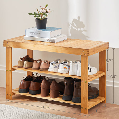 Pipishell 3 Tier Bamboo Shoe Rack Bench - Sturdy Organizer Holds up to 300lbs for Entryway, Bedroom, Living Room, Balcony Pipishell