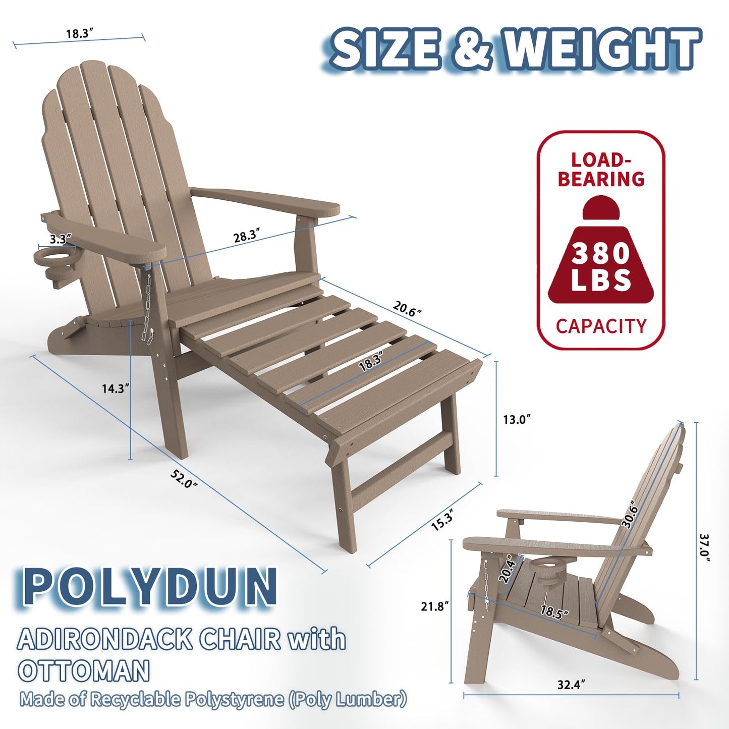 Adirondack Chair with Ottoman, Folding Adirondack Chair with Cup Holder, Weather Resistant, HDPE Pre-Assembled Outdoor Chairs for Porch, Pool, Deck, Backyard, Garden, Weathered Wood