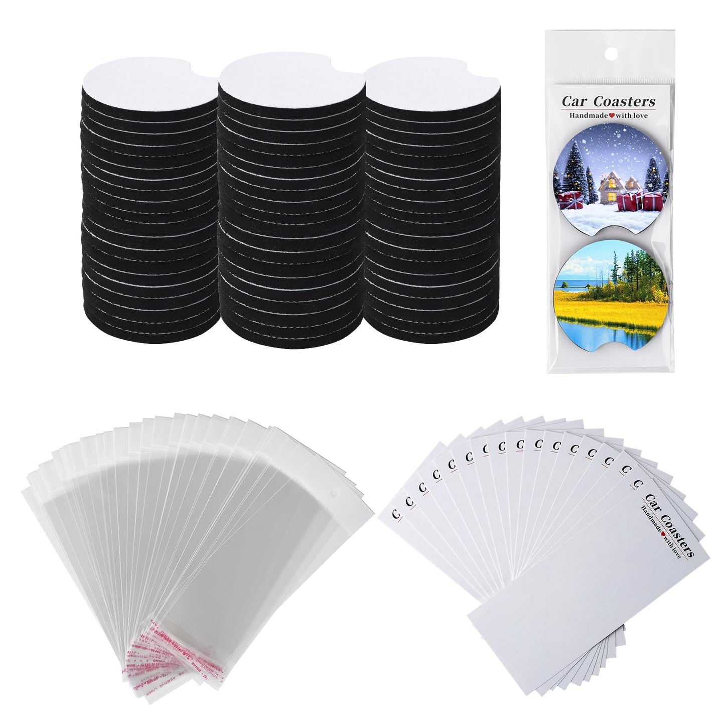 120Pcs Sublimation Blank Car Coasters Packaging for Selling,Include 60Pcs Circular 2.75 in/5mm Blank Sublimation Coasters,30Pcs Car Coasters Display Cards and 30Pcs Hanging Self-Sealing Bags