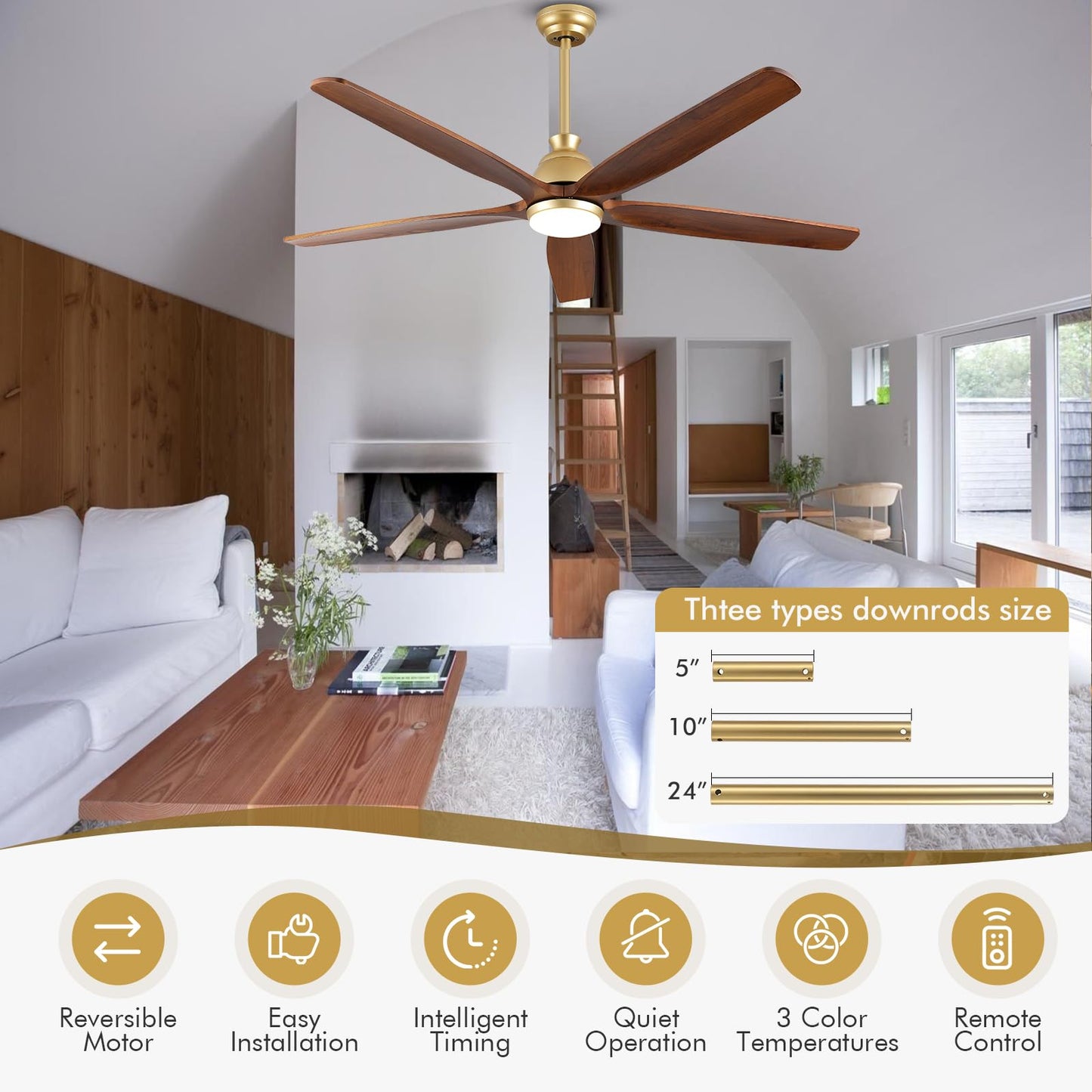 NWIASS 52 Inch Gold Ceiling Fan with Lights and Remote, Wood Ceiling Fan with Light 5 Blade Dimmable Quiet DC Motor, Farmhouse Propeller Ceiling Fans for Outdoor Patios Porch Gazebo Bedroom